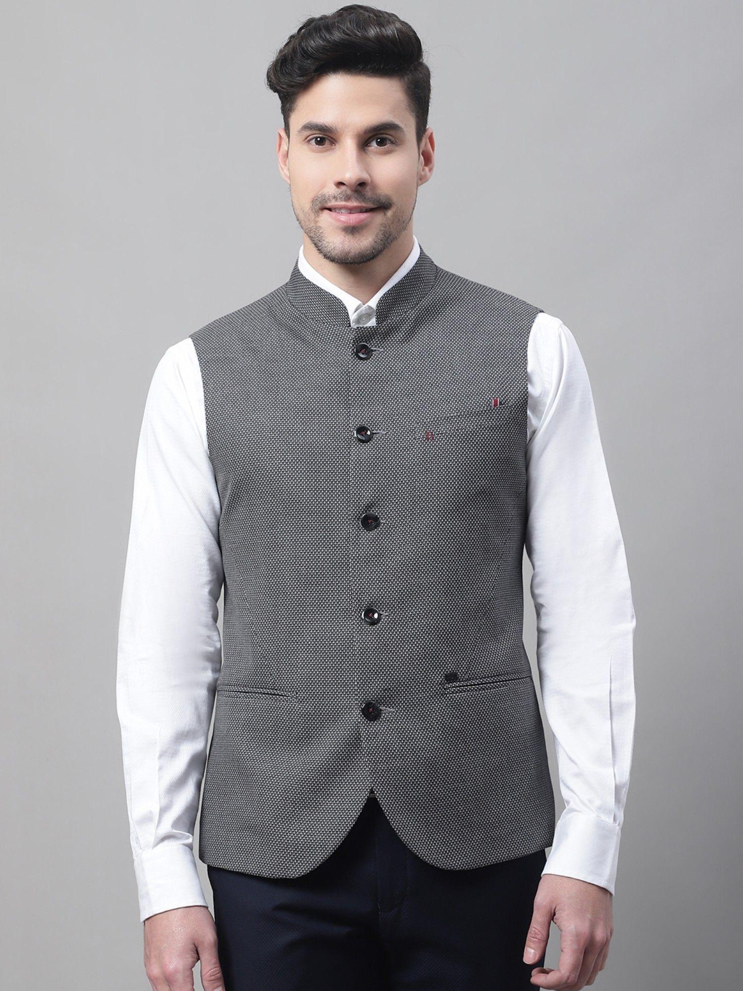 self design black waist coat for men