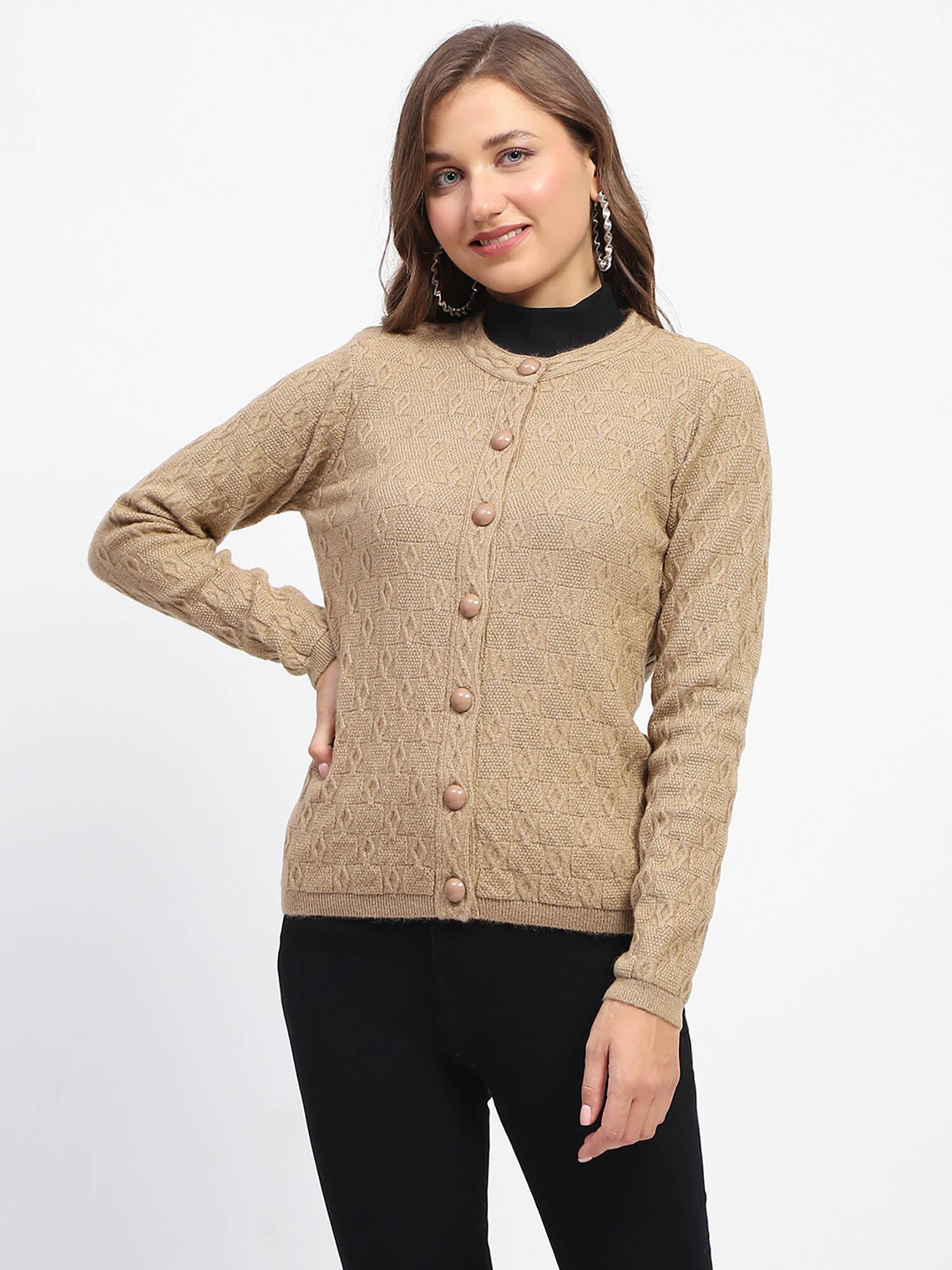 self design brown round neck cardigan