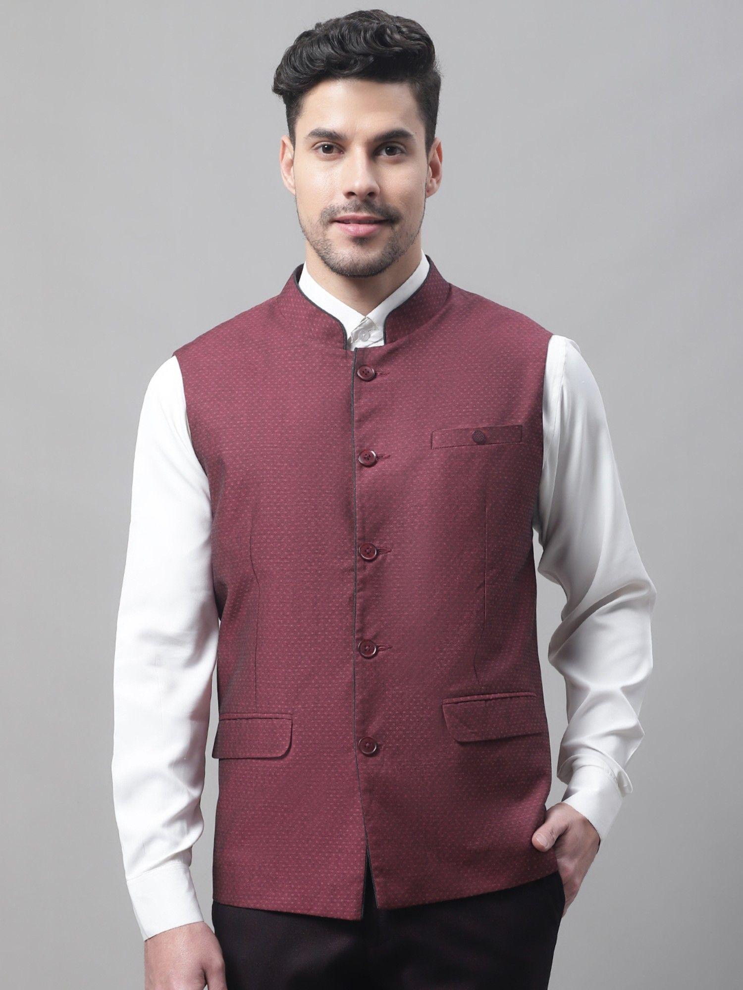 self design burgundy waist coat for men