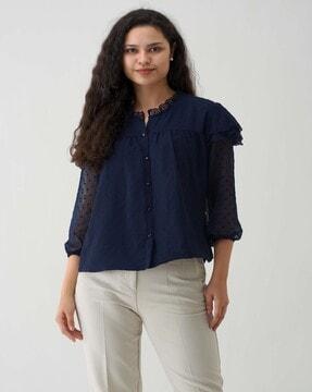 self-design button-down top with ruffle details