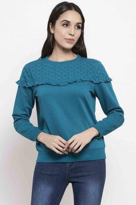 self design cotton regular fit womens sweatshirt - blue