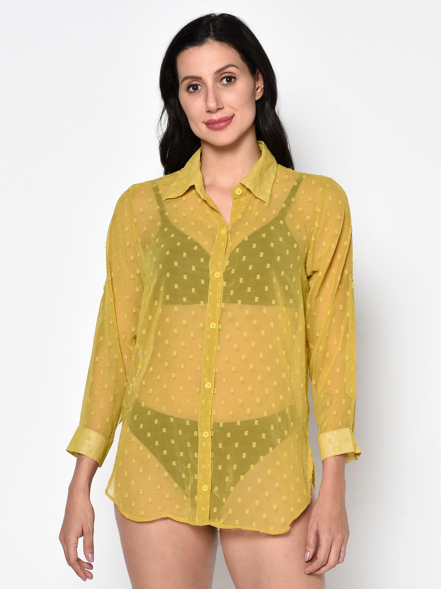 self design dobby swim wear shirt - yellow