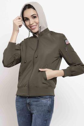 self design hooded neck polyester womens casual jacket - olive