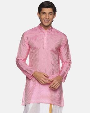 self-design long kurta with mandarin collar