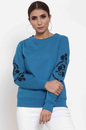 self design poly cotton regular fit womens sweatshirt - blue