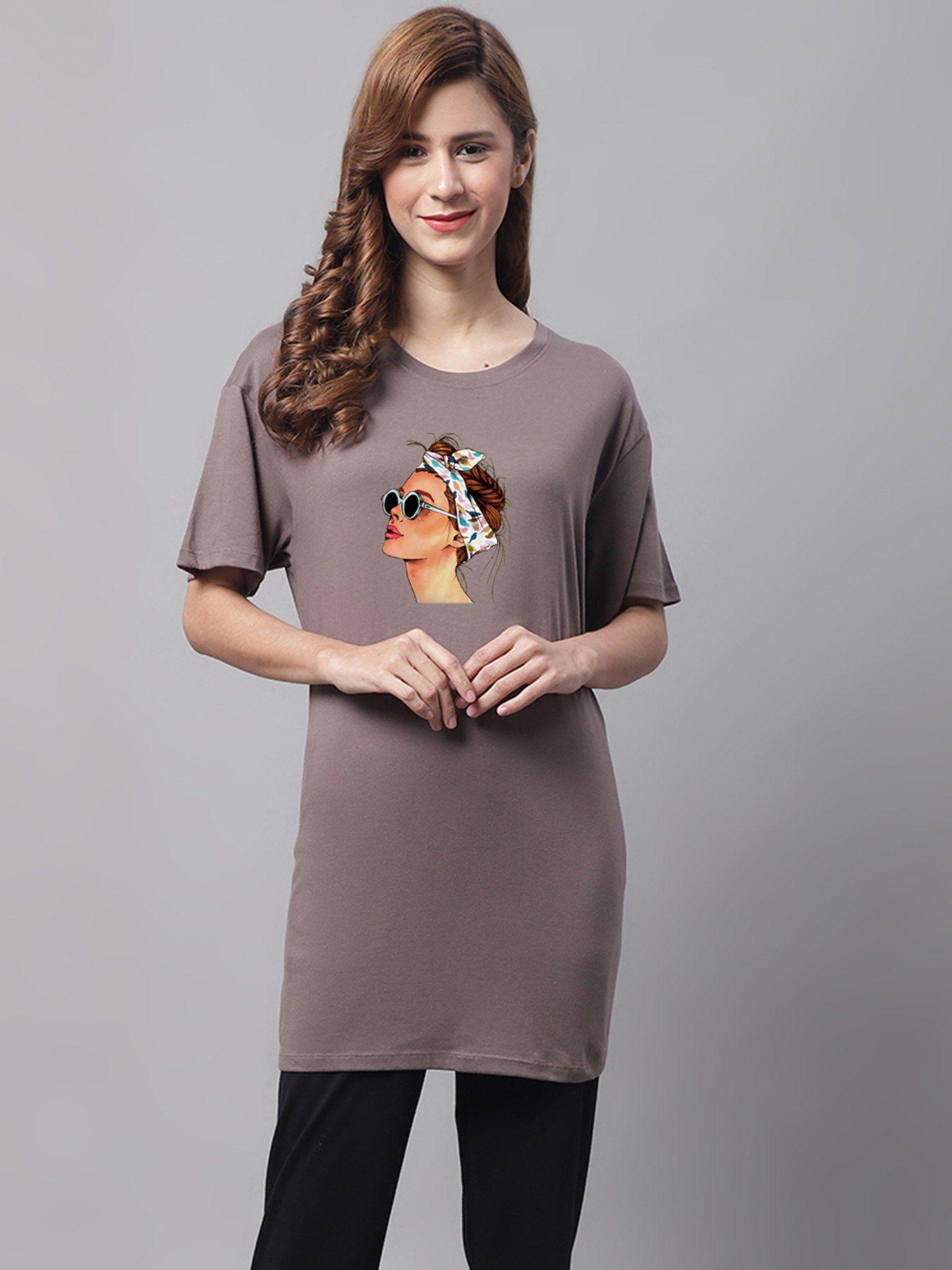 self design printed drop shoulder oversized long t-shirt - brown