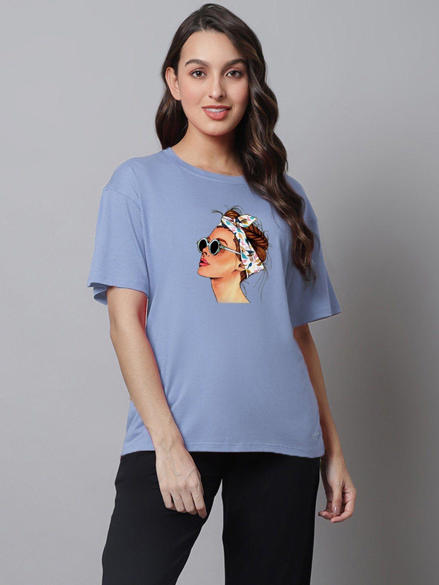 self design printed drop shoulder oversized t-shirt - blue