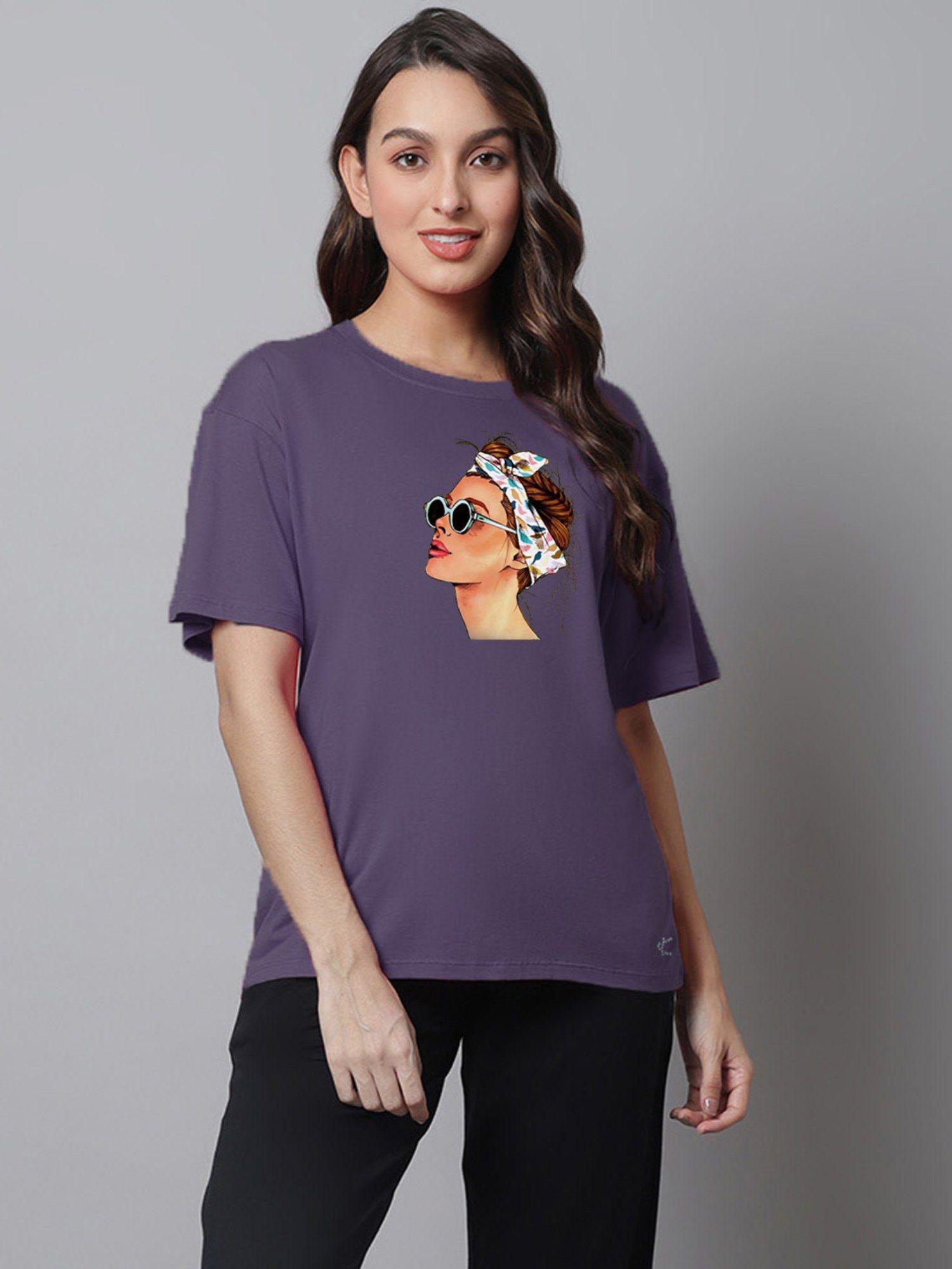 self design printed drop shoulder oversized t-shirt - purple
