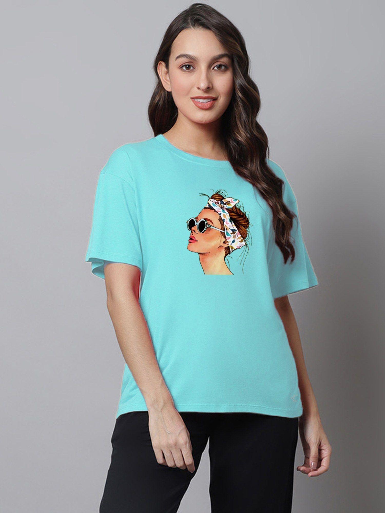 self design printed drop shoulder oversized t-shirt - turquoise
