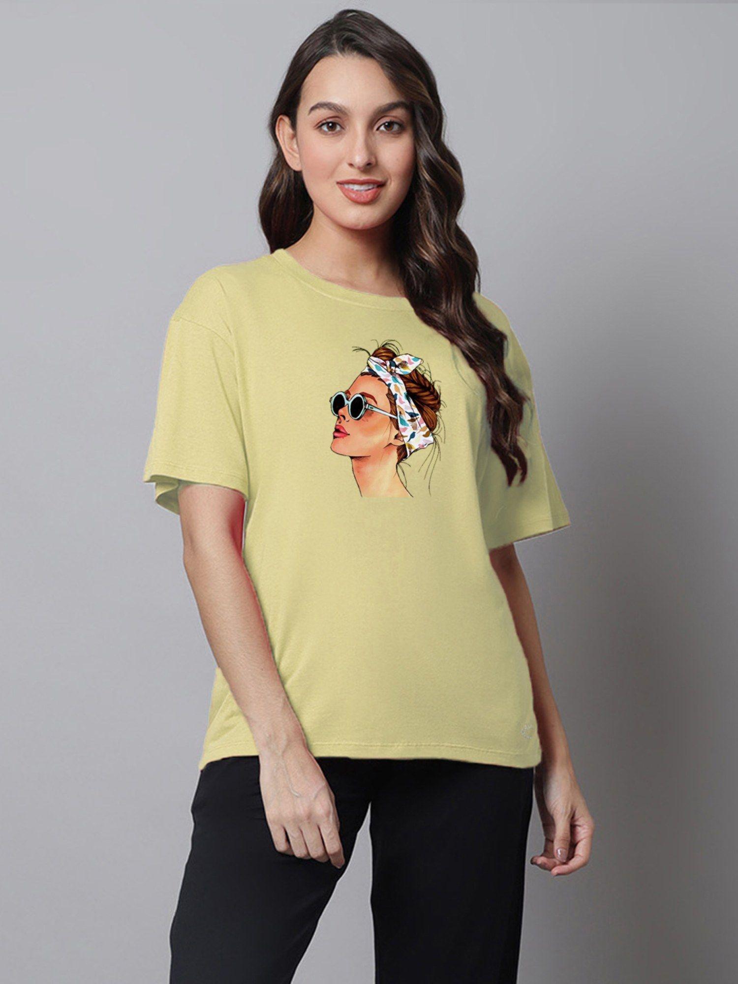 self design printed drop shoulder oversized t-shirt - yellow