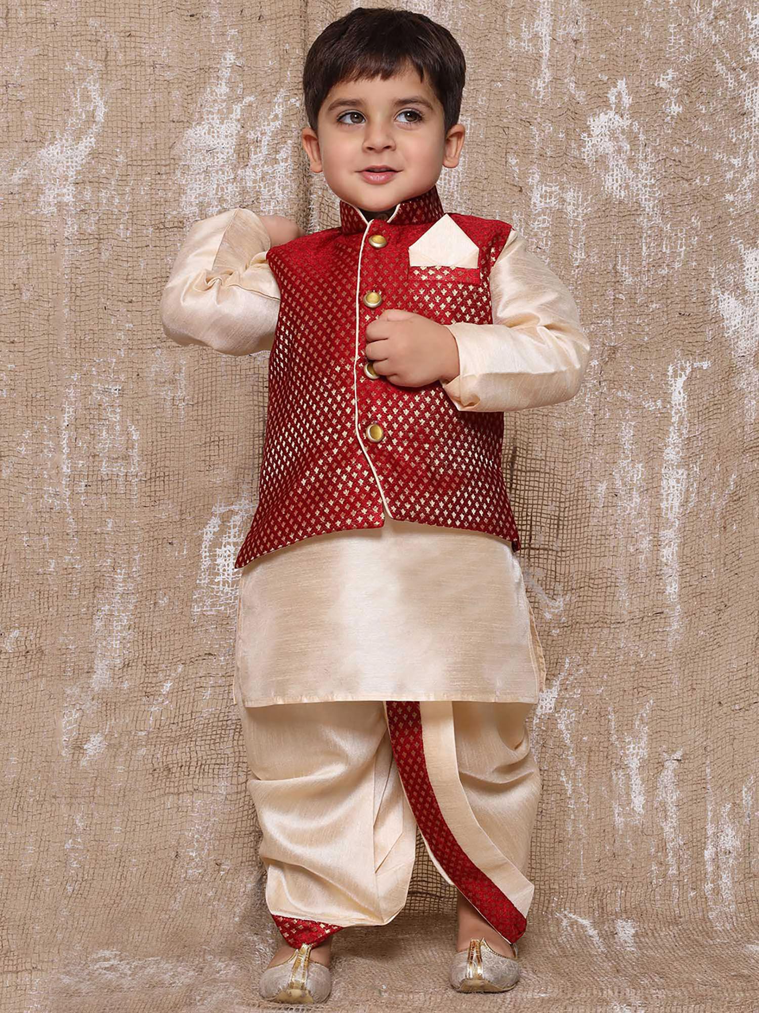 self design raw silk dhoti kurta for boys with waistcoat maroon (set of 3)