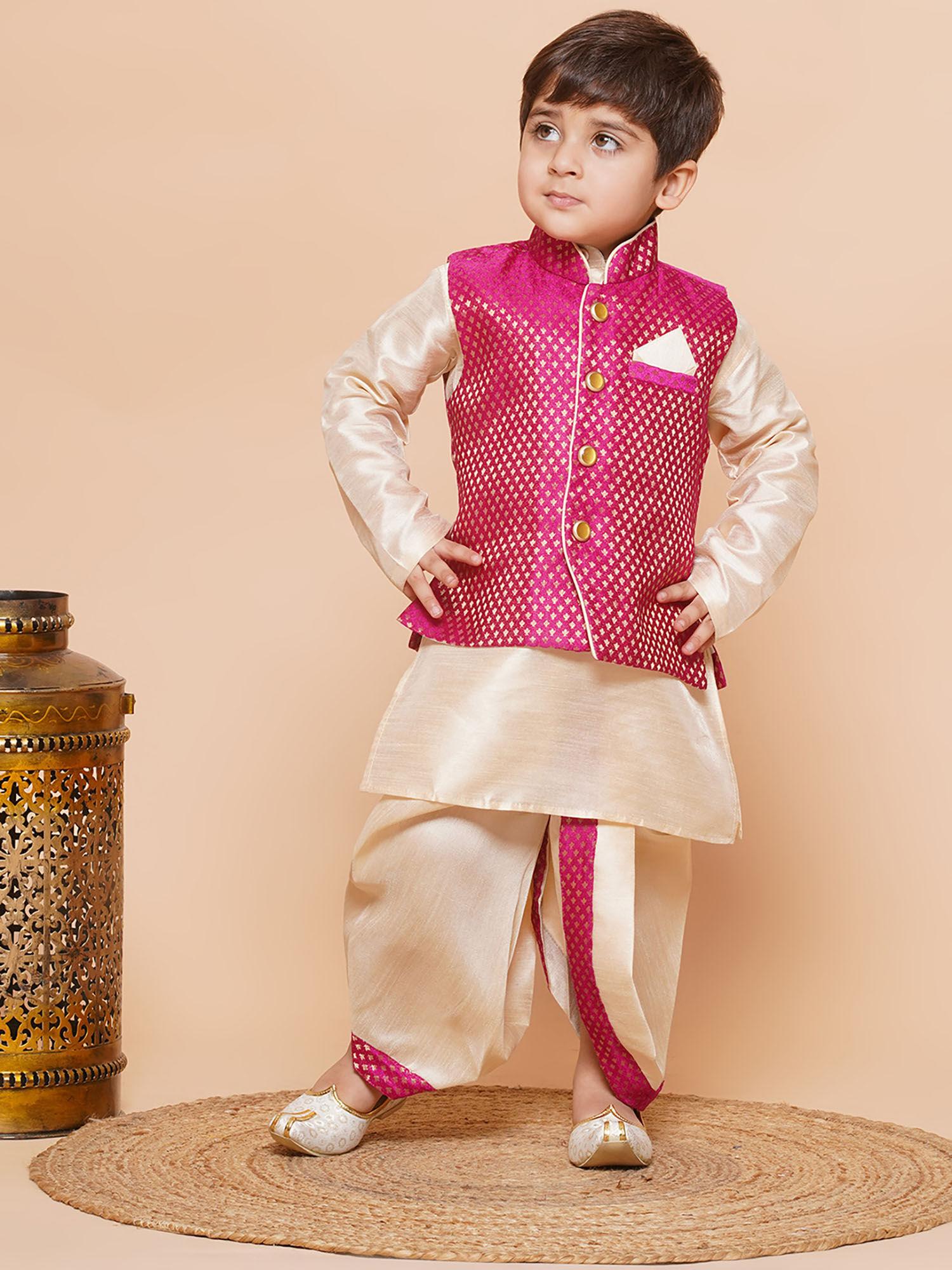 self design raw silk dhoti kurta for boys with waistcoat pink (set of 3)