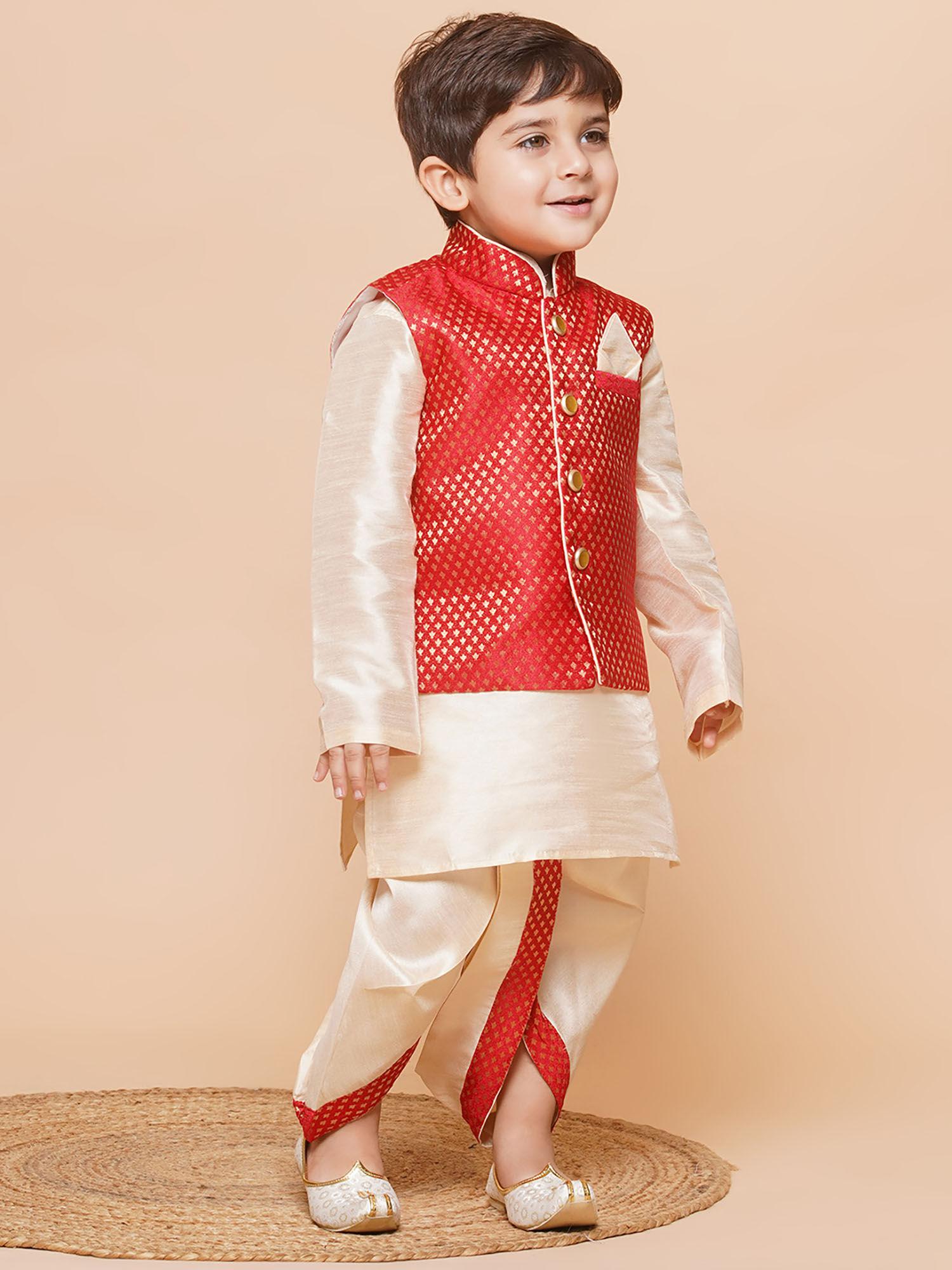 self design raw silk dhoti kurta for boys with waistcoat red (set of 3)