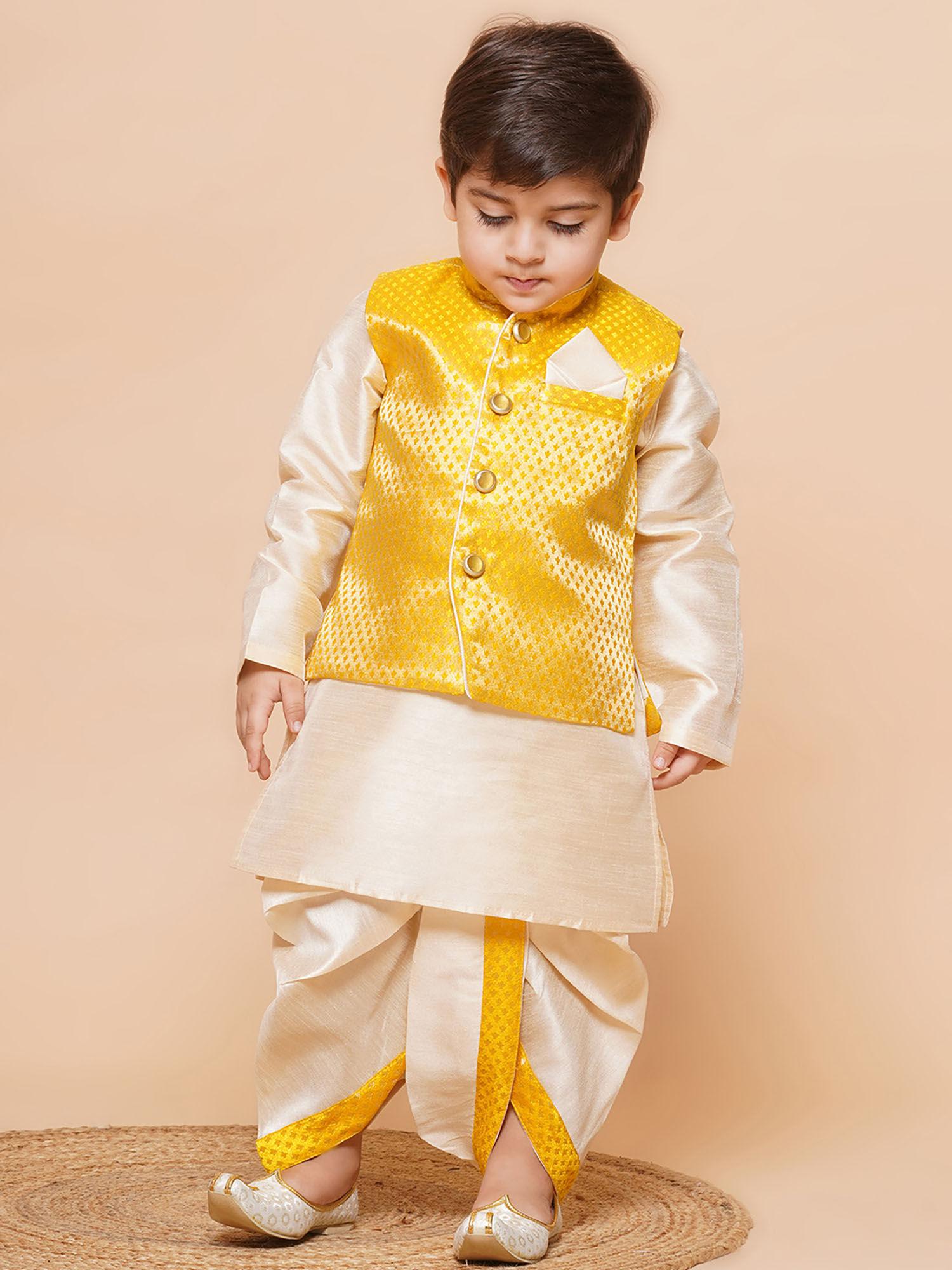 self design raw silk dhoti kurta for boys with waistcoat yellow (set of 3)