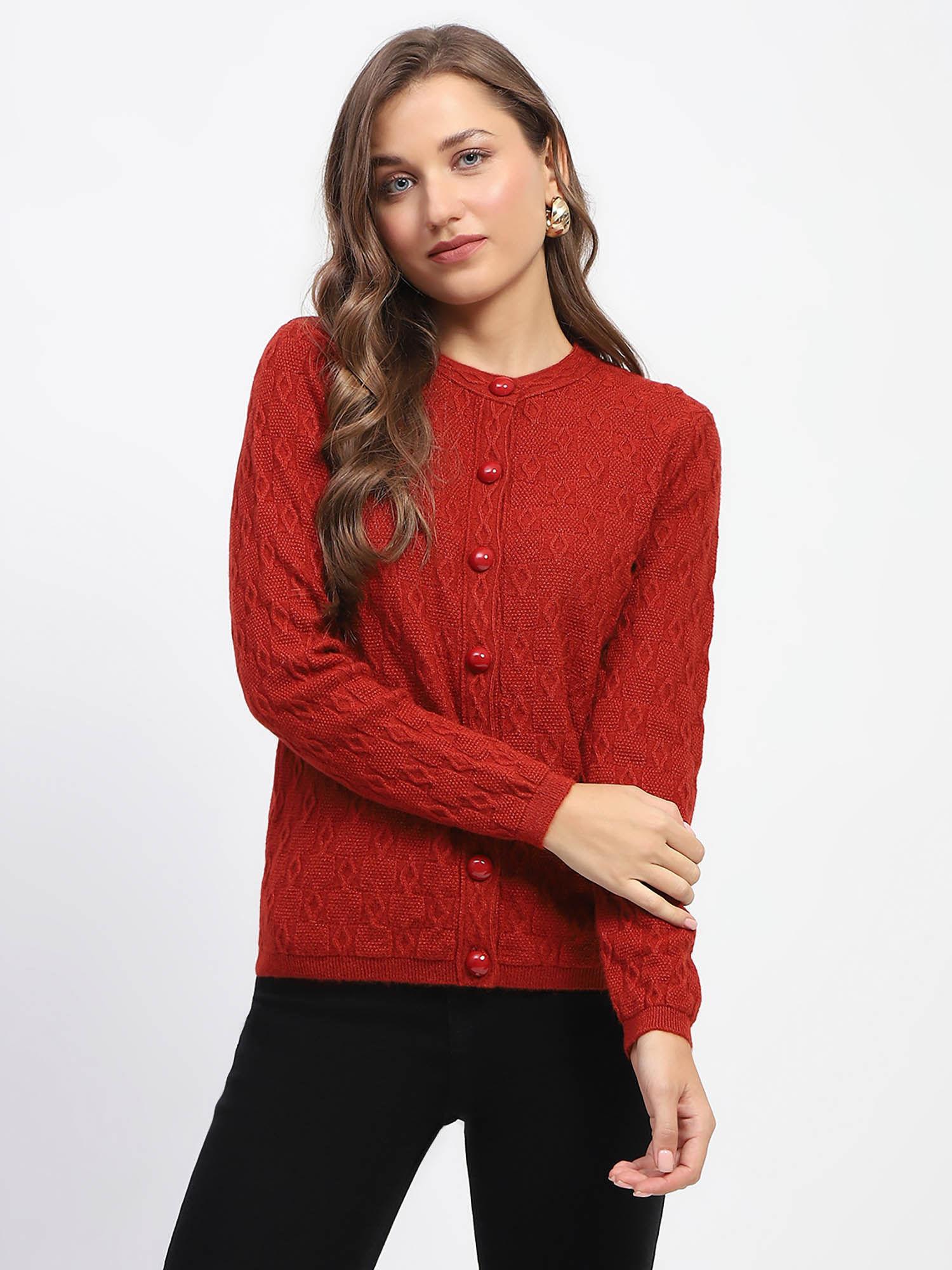 self design red round neck cardigan