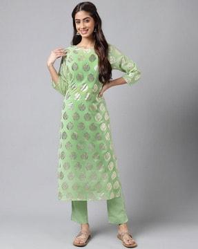 self-design straight kurta & pants set with crop top