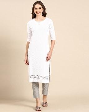 self-design straight kurta with cut-work