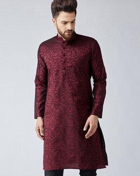 self-design straight kurta with mandarin collar