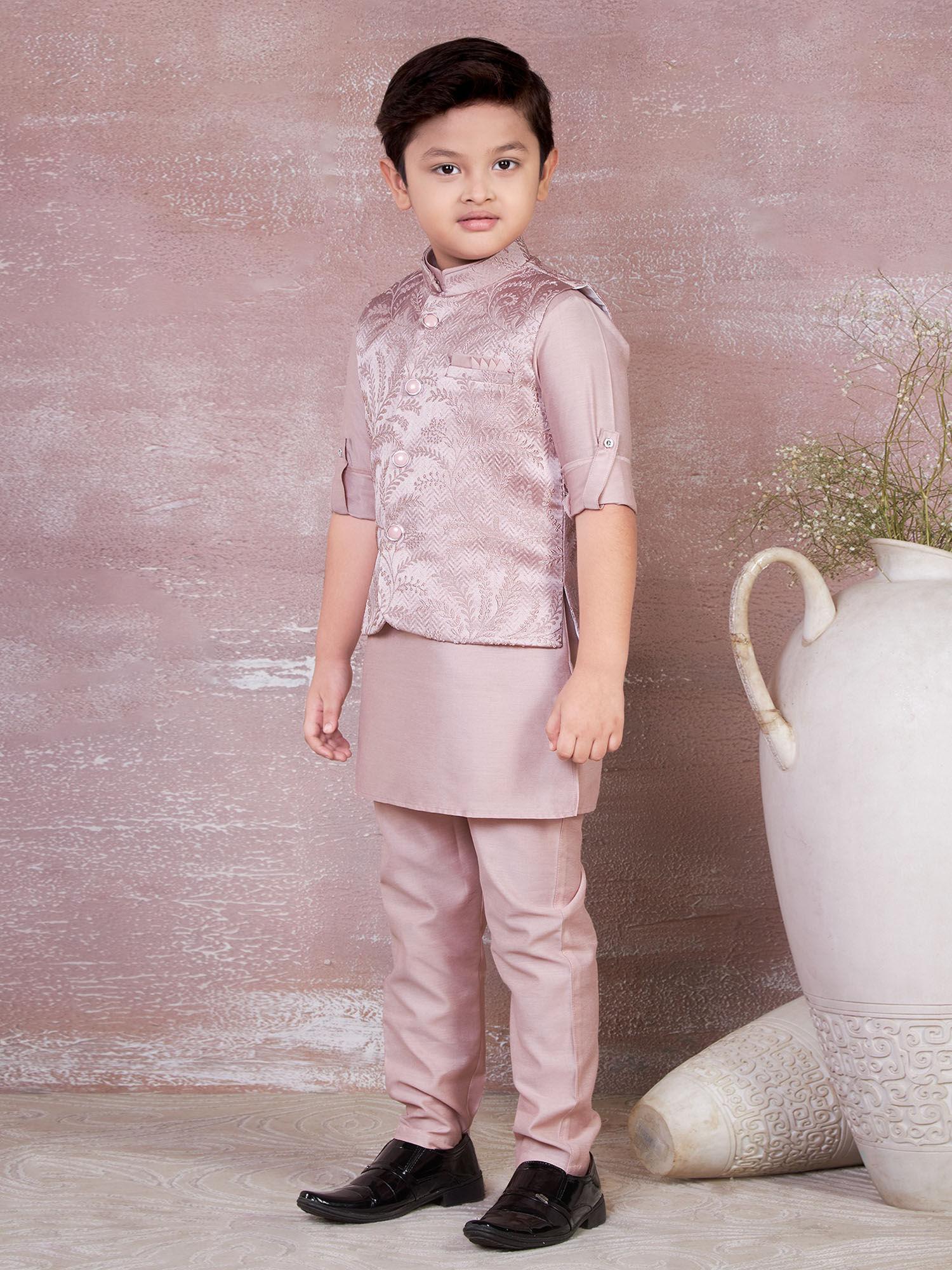 self designed kurta pyjama & jacket set for boys -onion pink (set of 3)