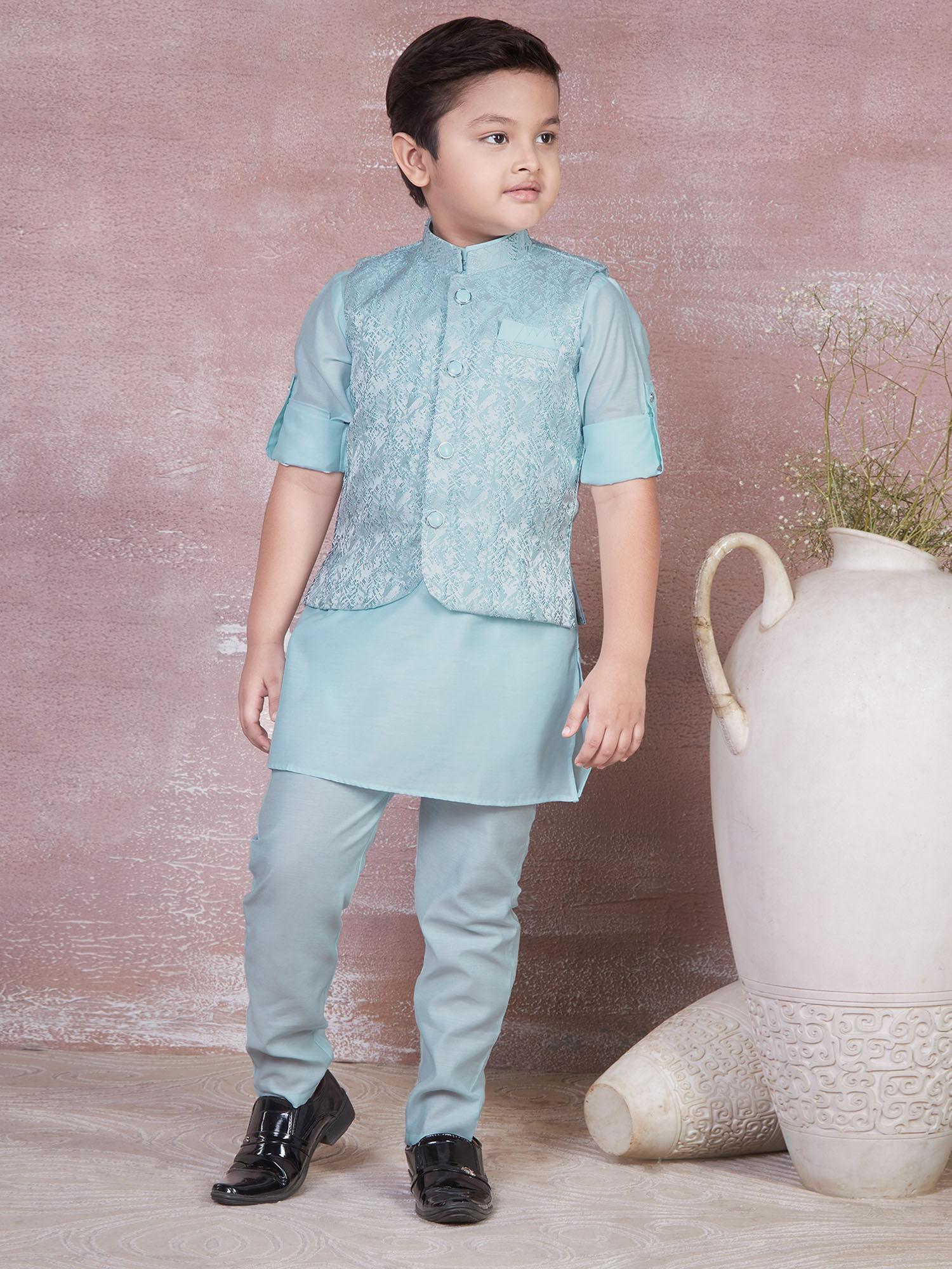 self designed kurta pyjama & jacket set for boys -sky blue (set of 3)