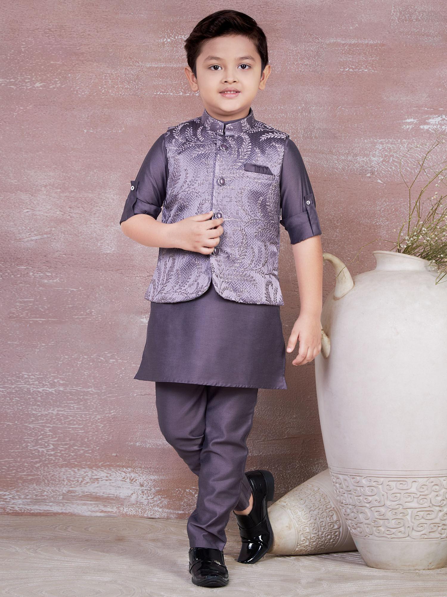 self designed mandarin kurta pyjama & jacket for boys grey (set of 3)