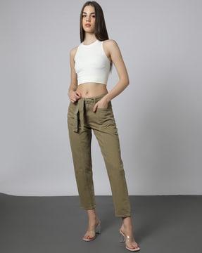 self fabric belt with center cut styled mom jeans