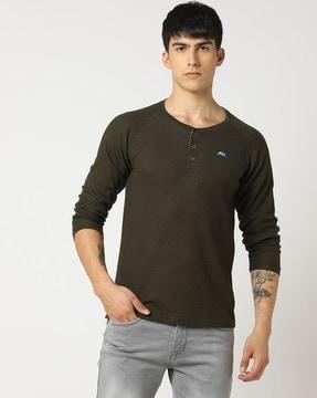 self-stripe slim fit henley-neck t-shirt