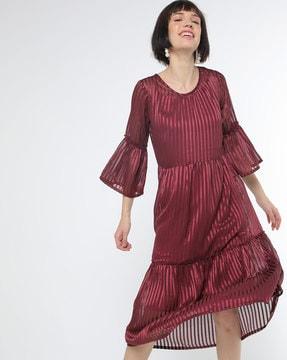 self-striped tiered a-line dress