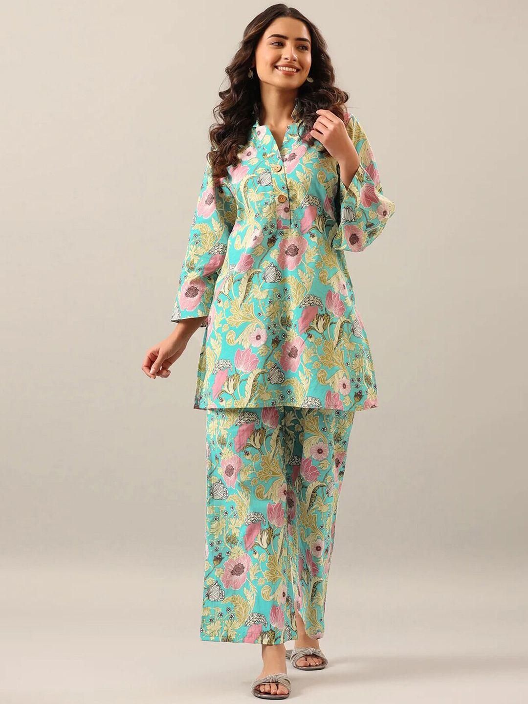 selvia floral printed lapel collar tunic & trouser