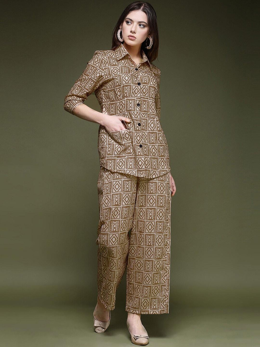 selvia geometric printed spread collar shirt with trouser