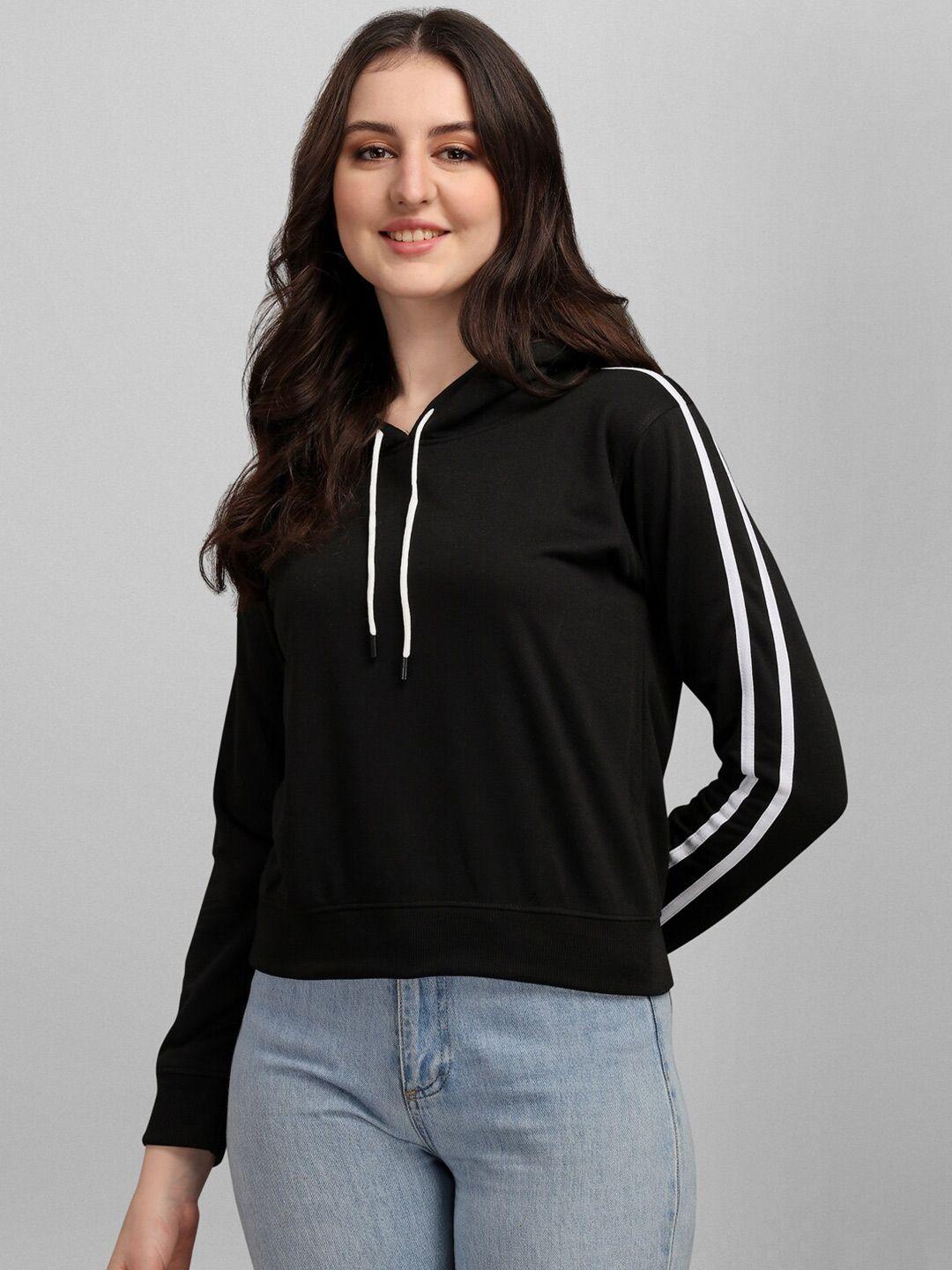 selvia women black & white solid hooded sweatshirt