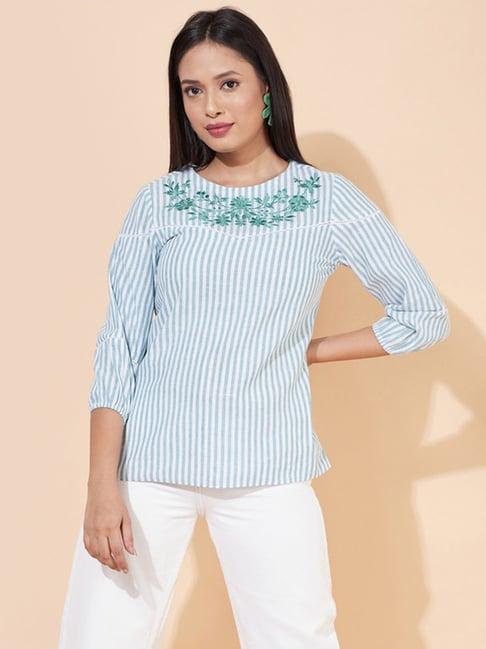 selvia aqua green & white cotton embroidered top