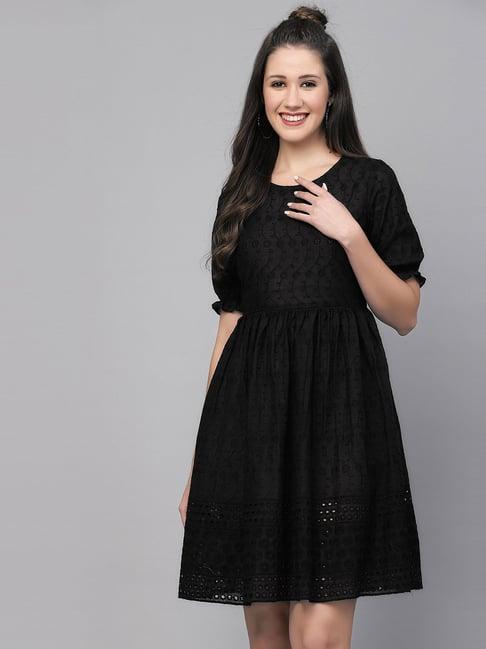 selvia black cotton embroidered a line dress