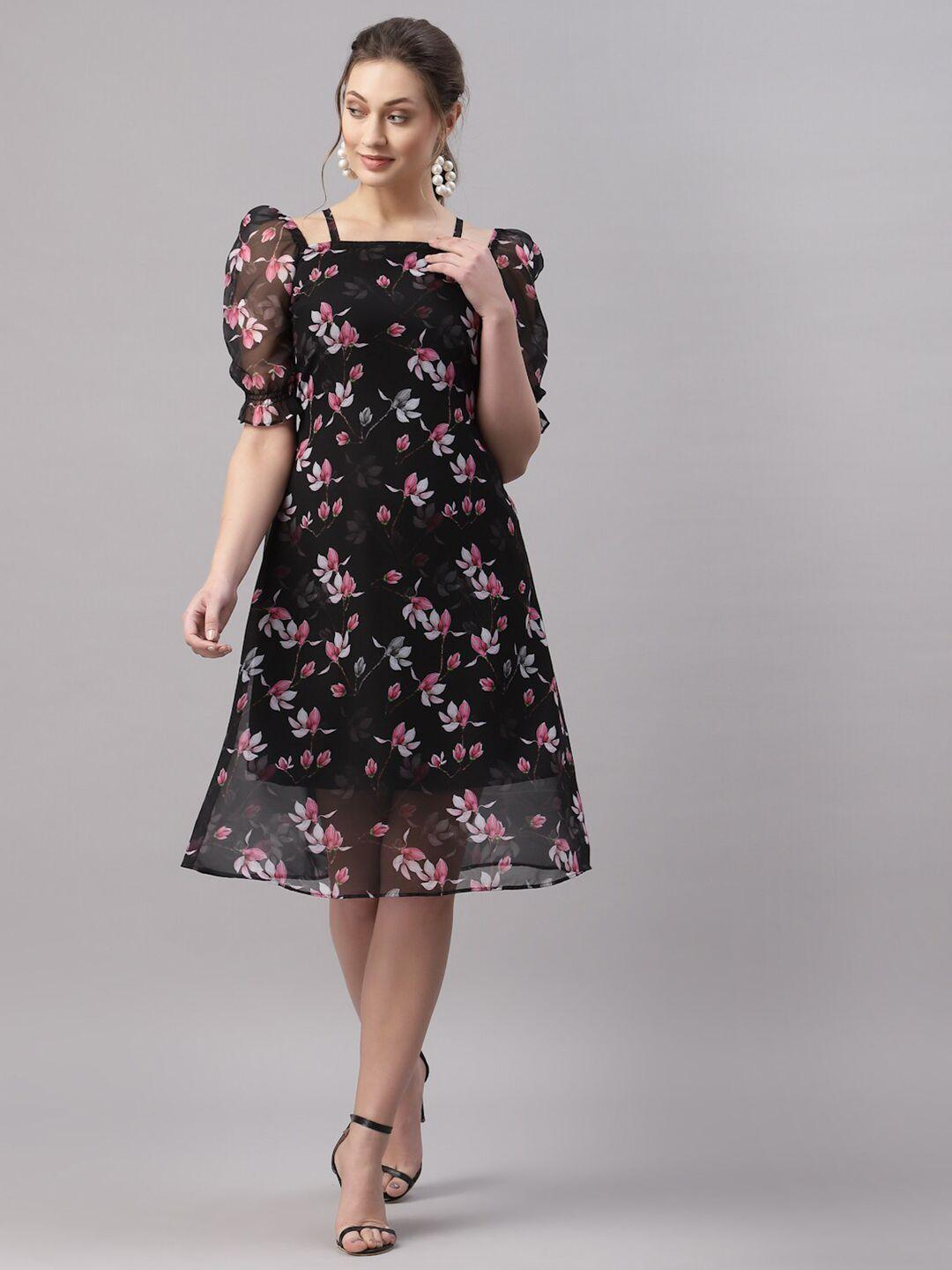 selvia black floral printed puff sleeves georgette fit & flare dress