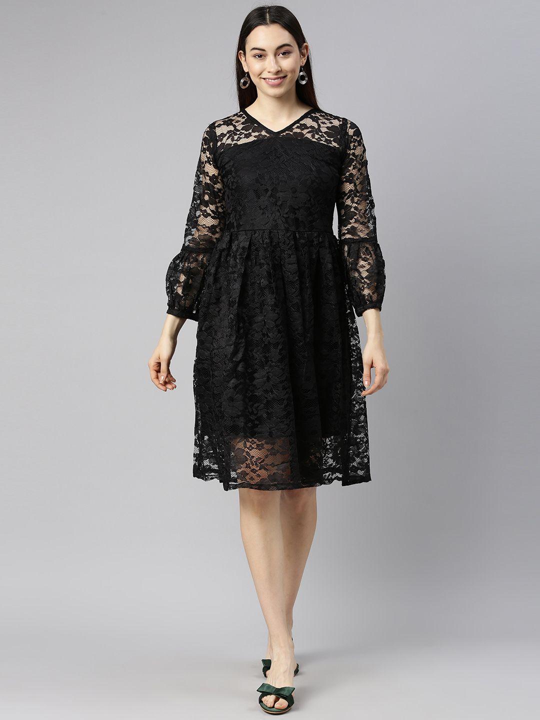 selvia black solid floral net dress