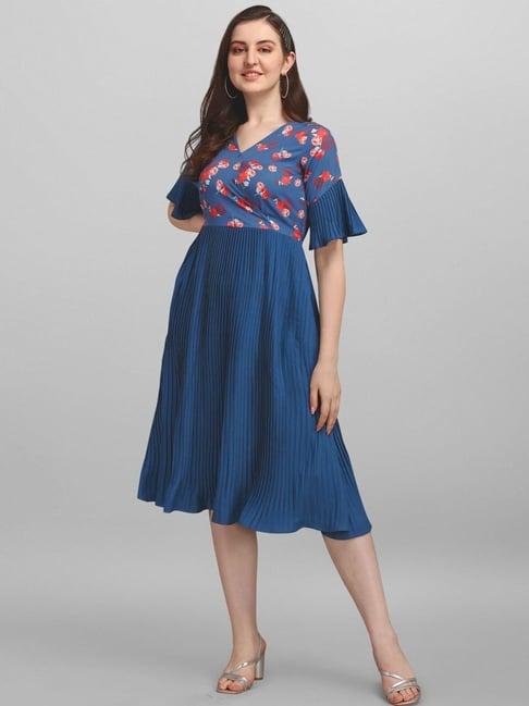 selvia blue printed a-line dress
