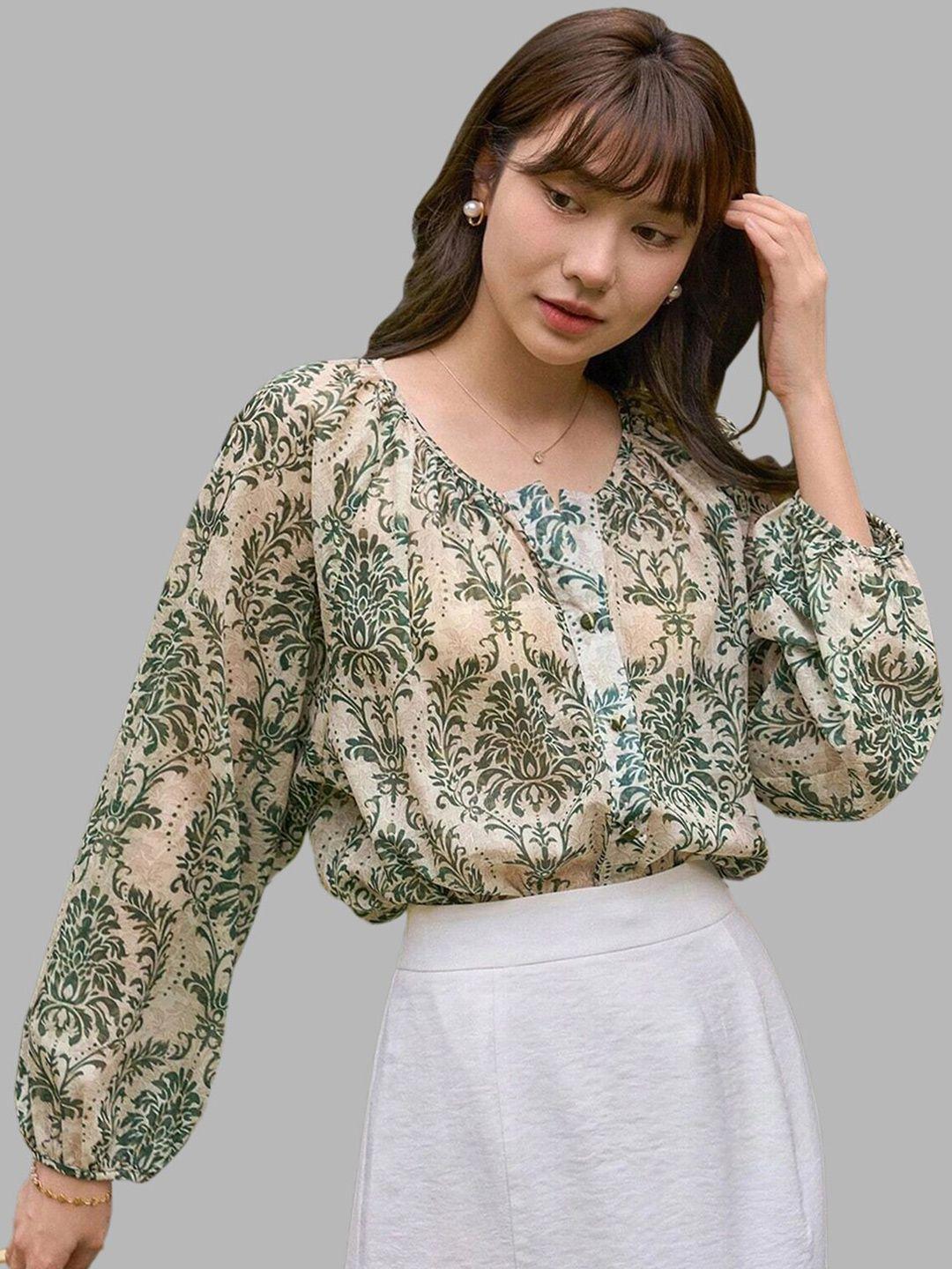 selvia ethnic motifs printed puff sleeves top