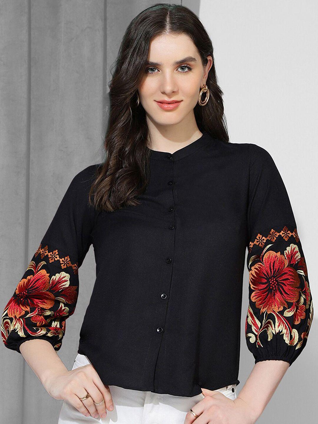 selvia floral embroidered band collar regular fit opaque casual shirt