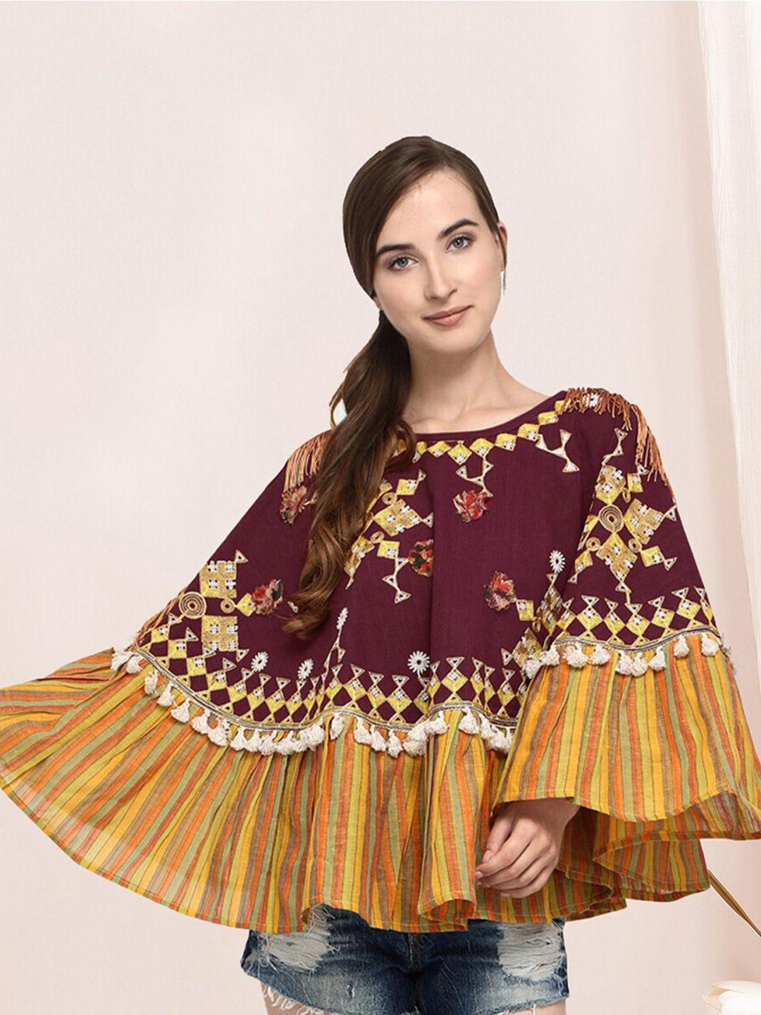 selvia floral embroidered cape sleeves cotton cape regular top