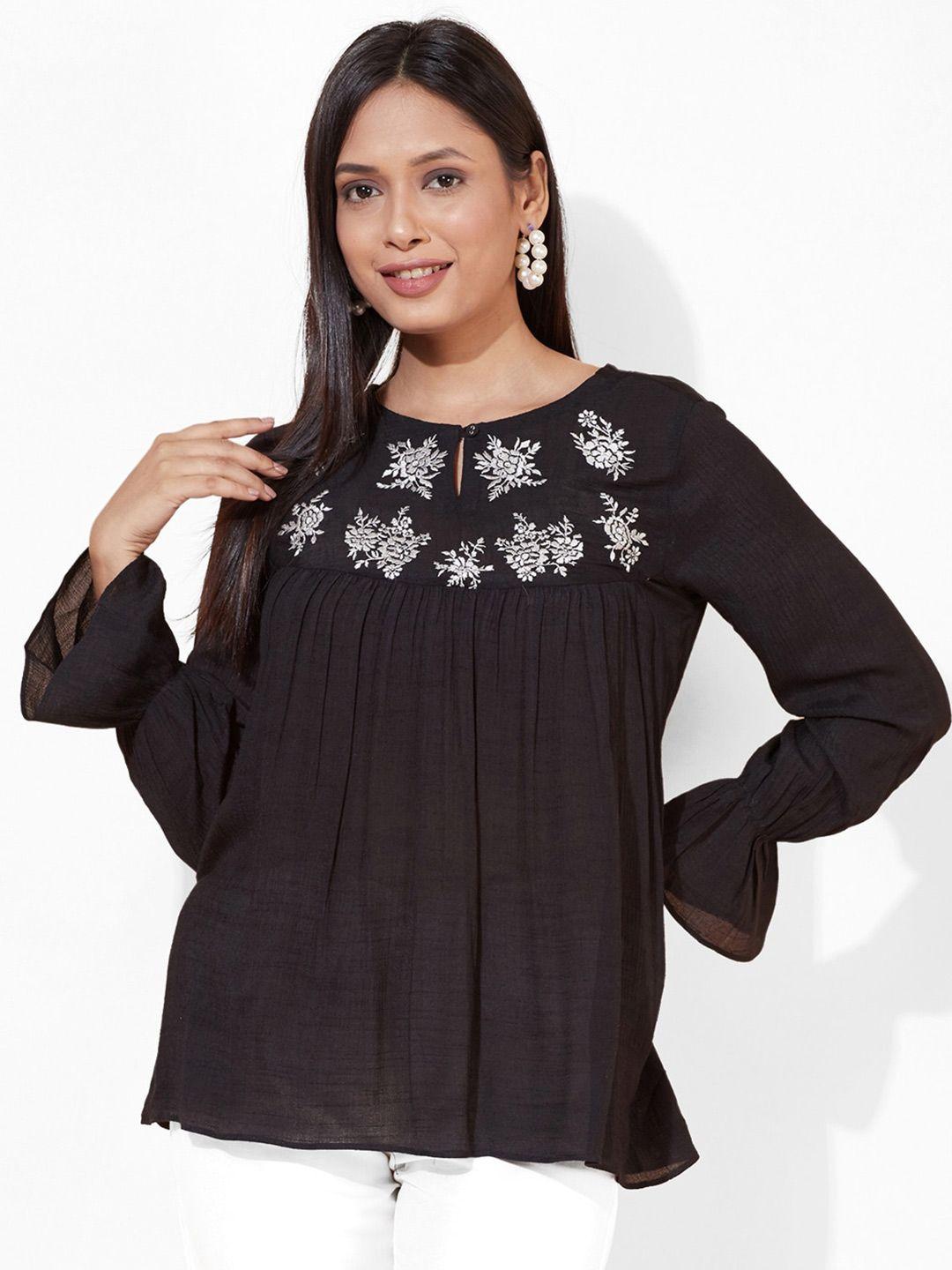 selvia floral embroidered semi sheer linen a-line top