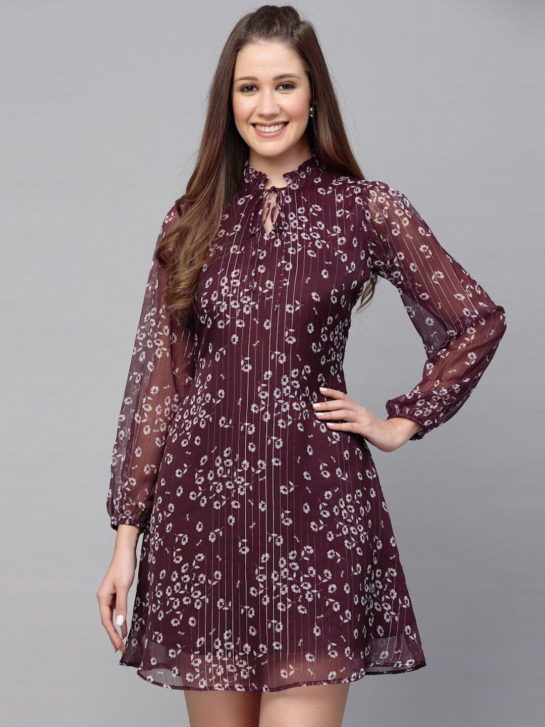 selvia floral printed tie-up neck chiffon a-line dress