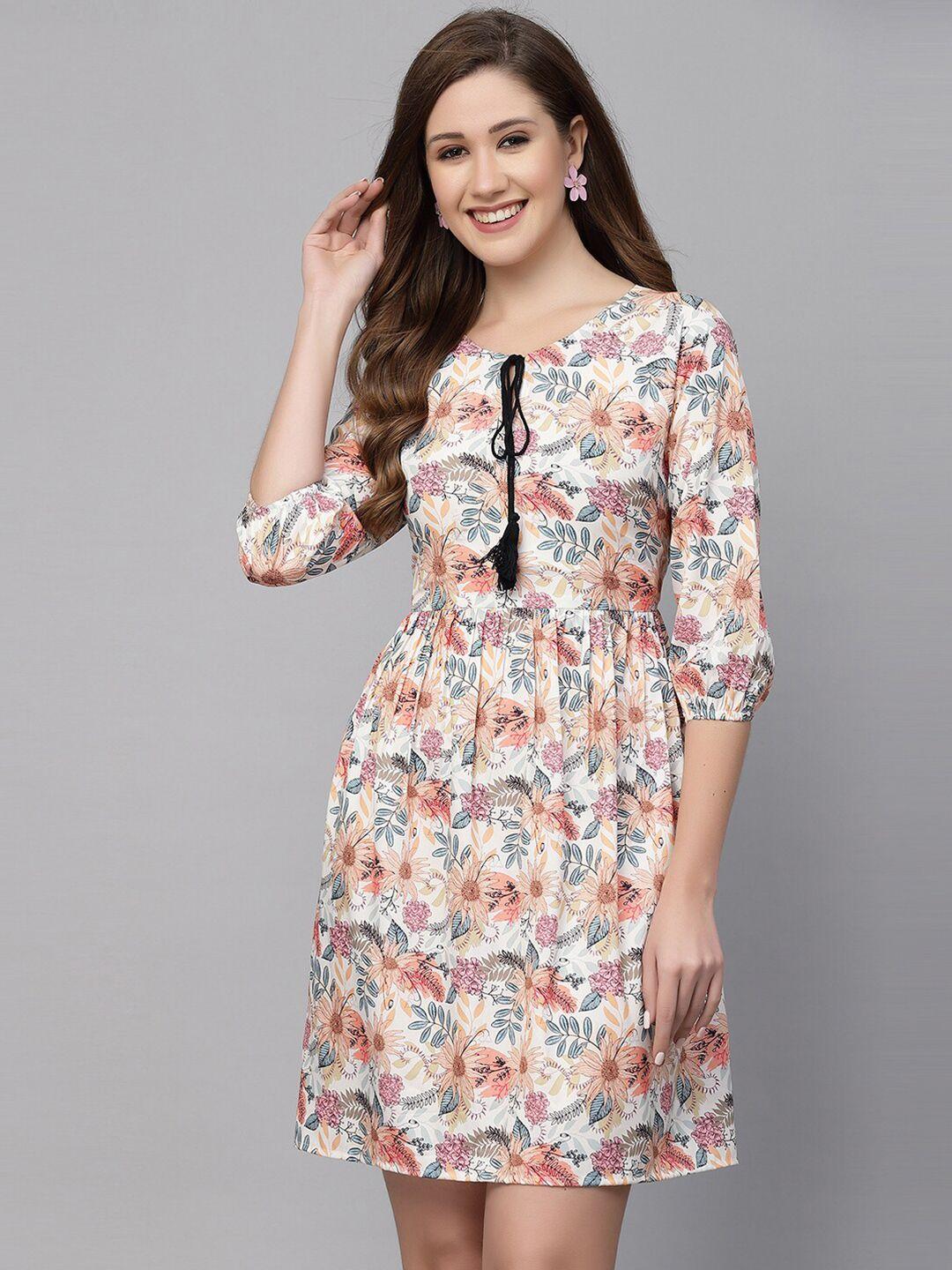 selvia floral printed tie-up neck gathered fit & flare mini dress