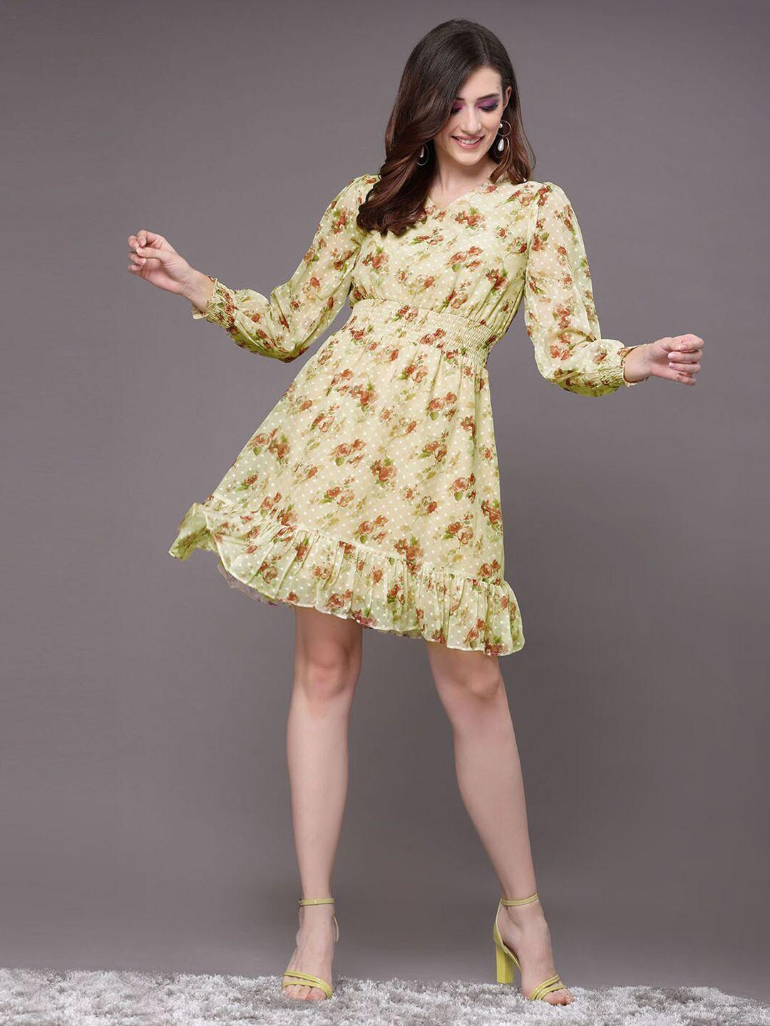 selvia floral printed v neck puff sleeve fit & flare dress