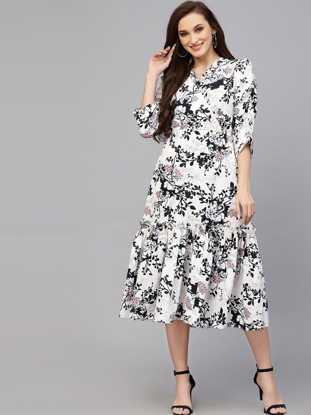selvia floral printed v-neck puff sleeve fit & flare dress