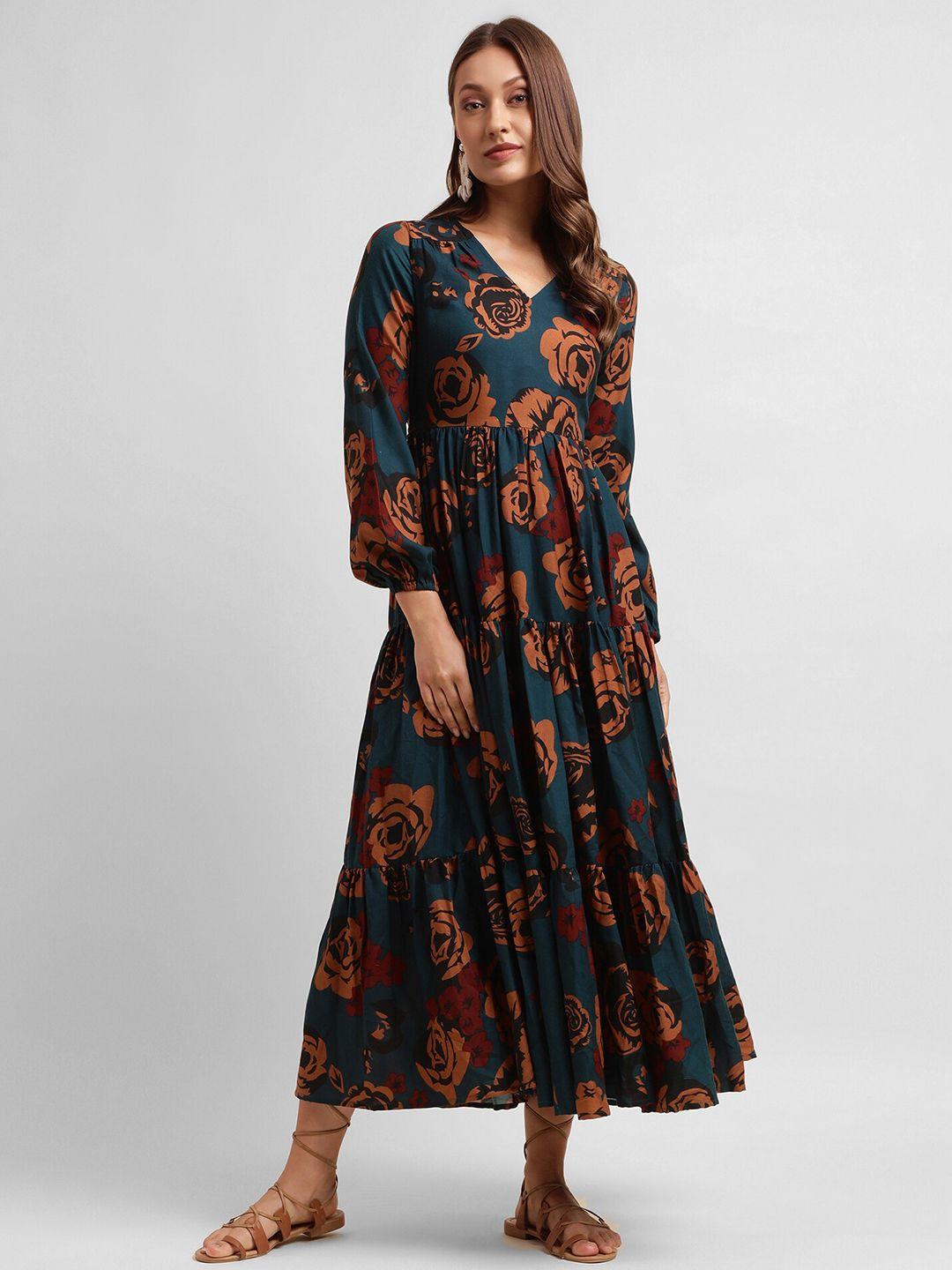 selvia floral printed v-neck puff sleeves tiered fit & flare midi dress
