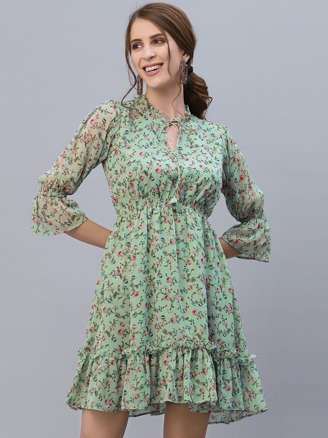 selvia green floral tie-up neck georgette dress