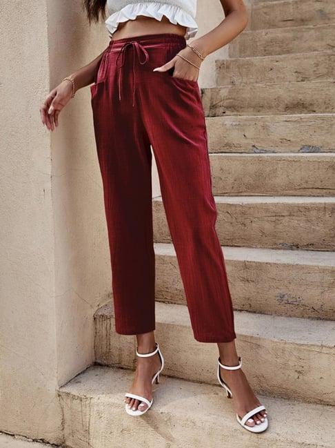 selvia maroon cotton lycra regular fit mid rise trousers