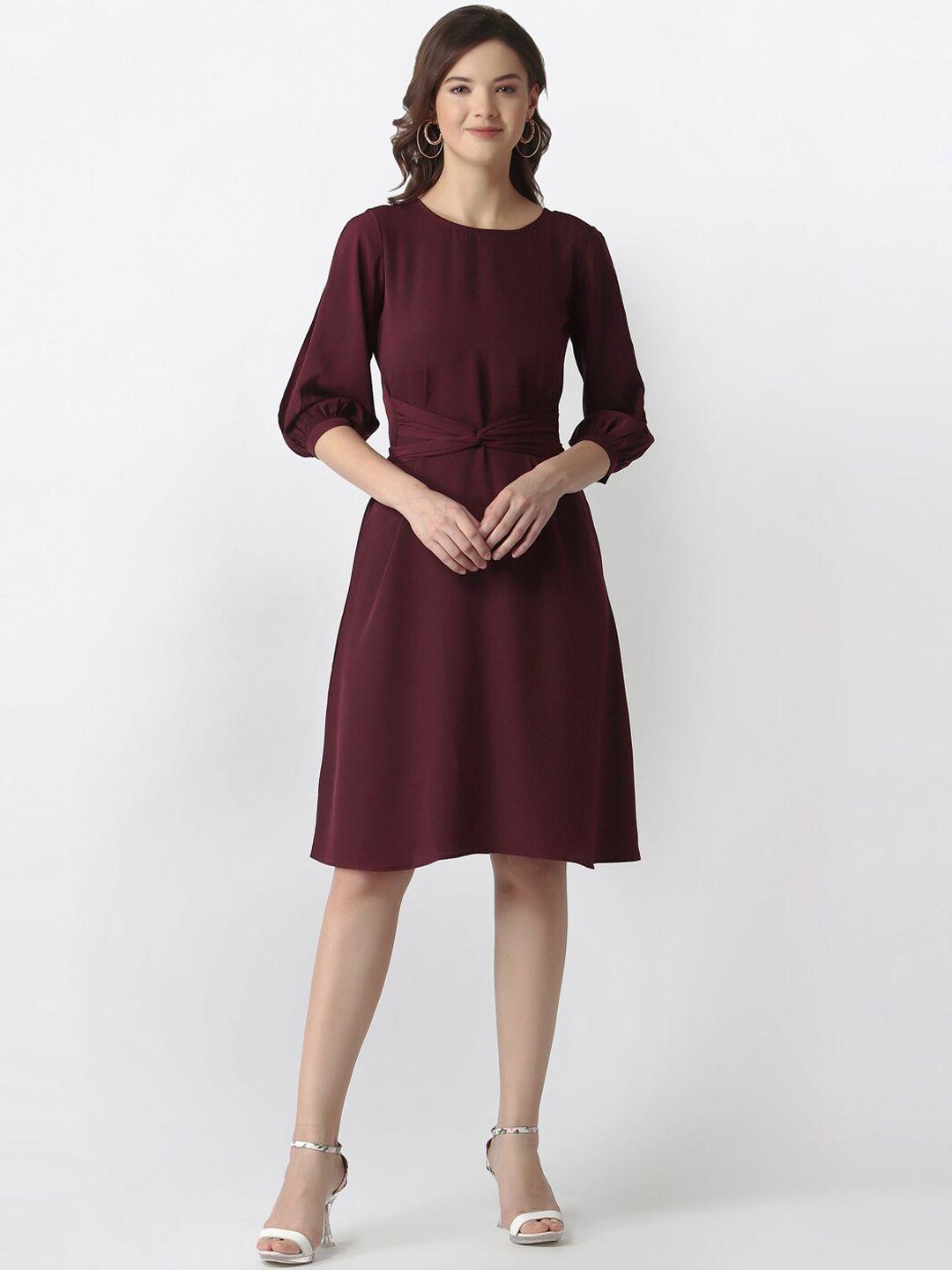 selvia maroon solid round neck georgette a-line dress