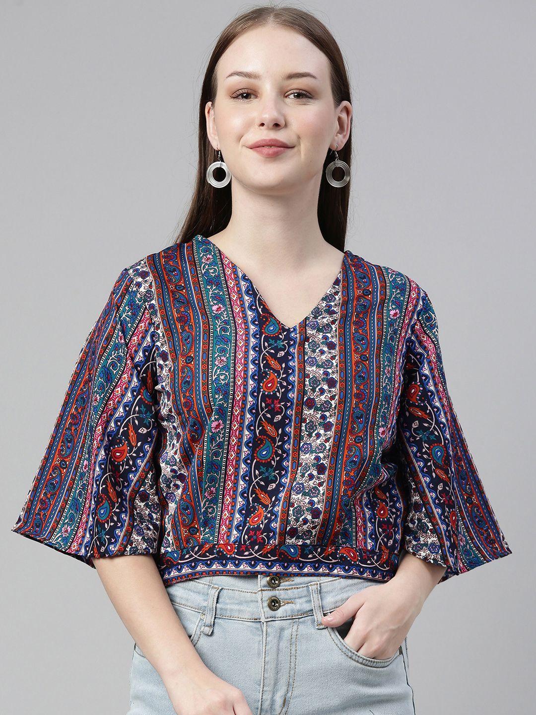 selvia multicoloured ethnic print crepe bardot crop top