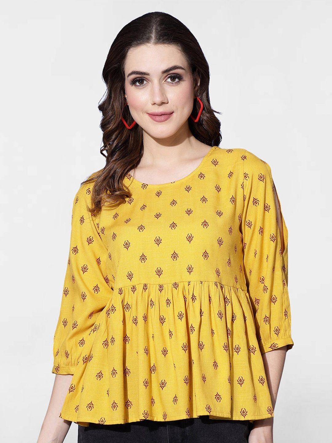 selvia mustard yellow geometric print peplum top